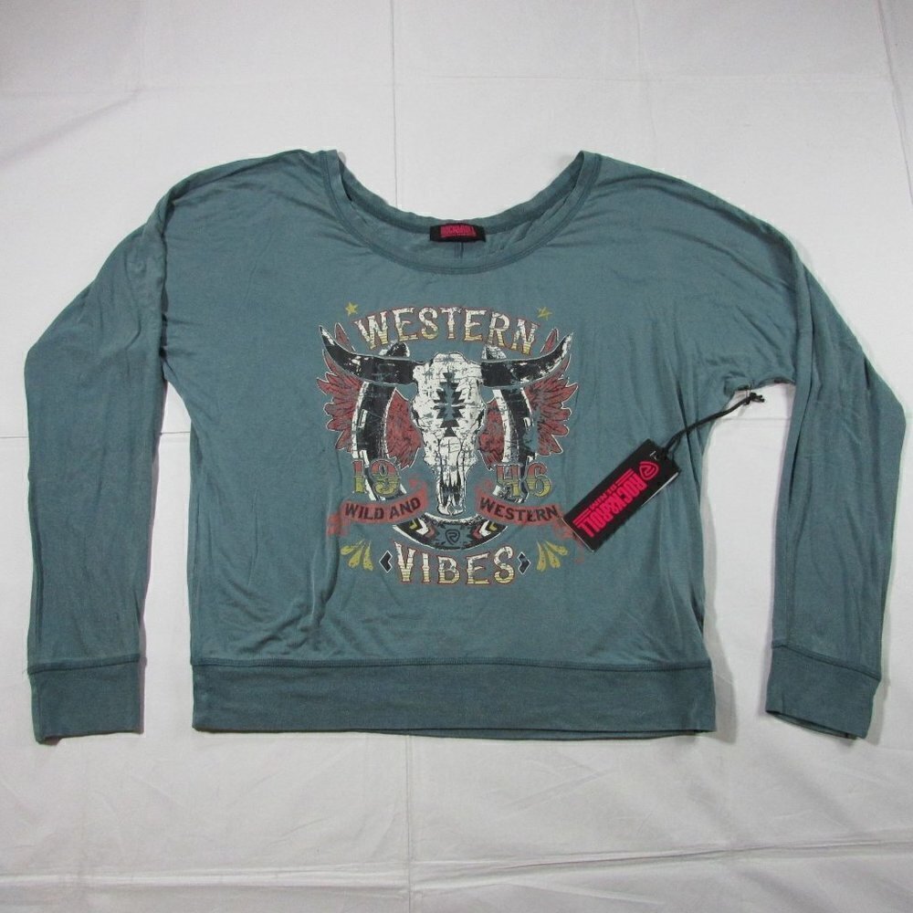Rock & Roll Denim Women's Western Graphic Long Sleeve Pullover - Teal